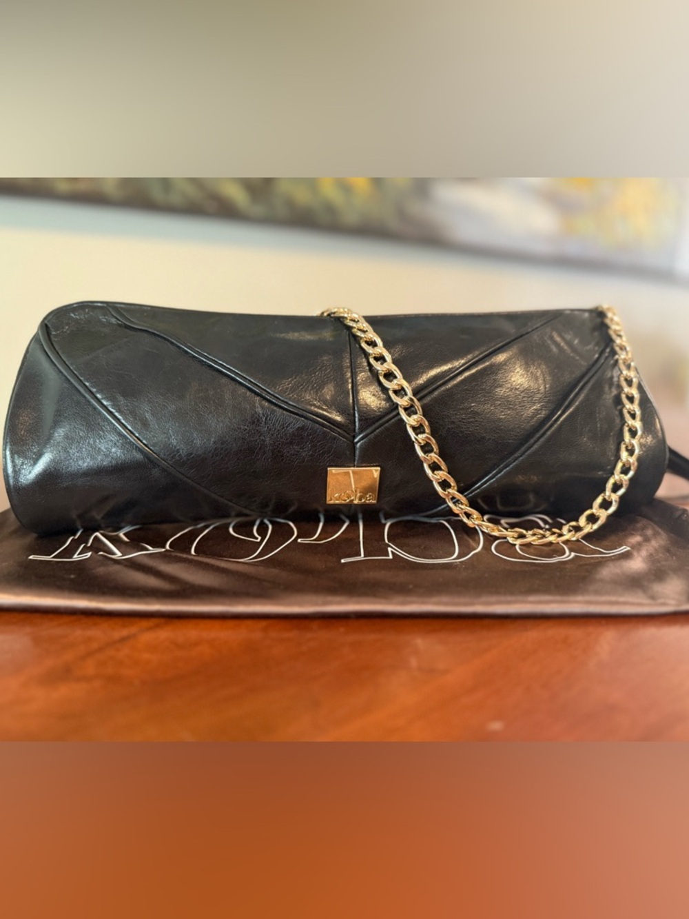 Vintage Kooba Oversized Leather Barrel Clutch w/ Wristlet & Removable Chain - Picture 2 of 10